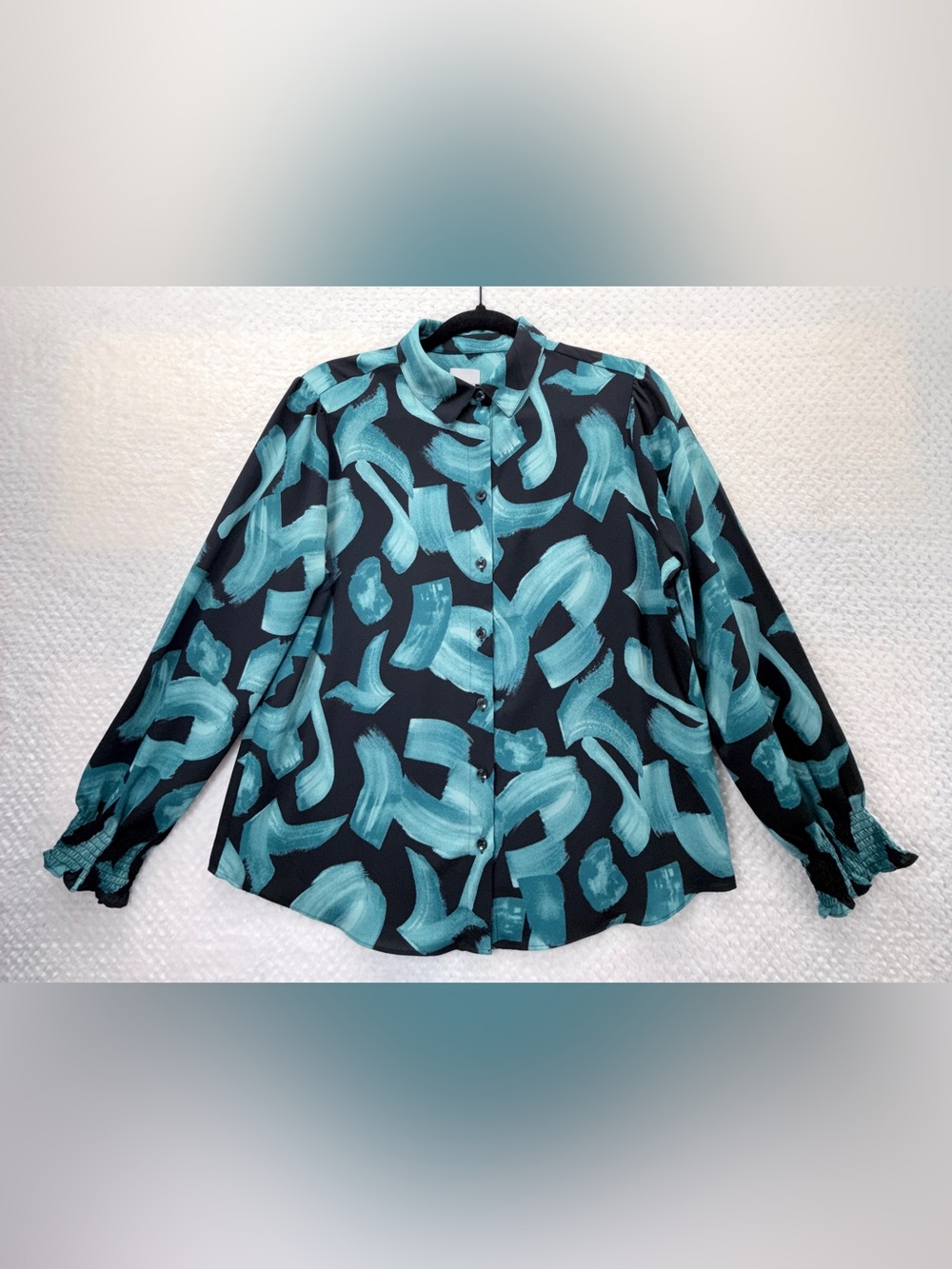 Chico's Black Button-Down Shirt with Teal Brushstroke Print Long Sleeve